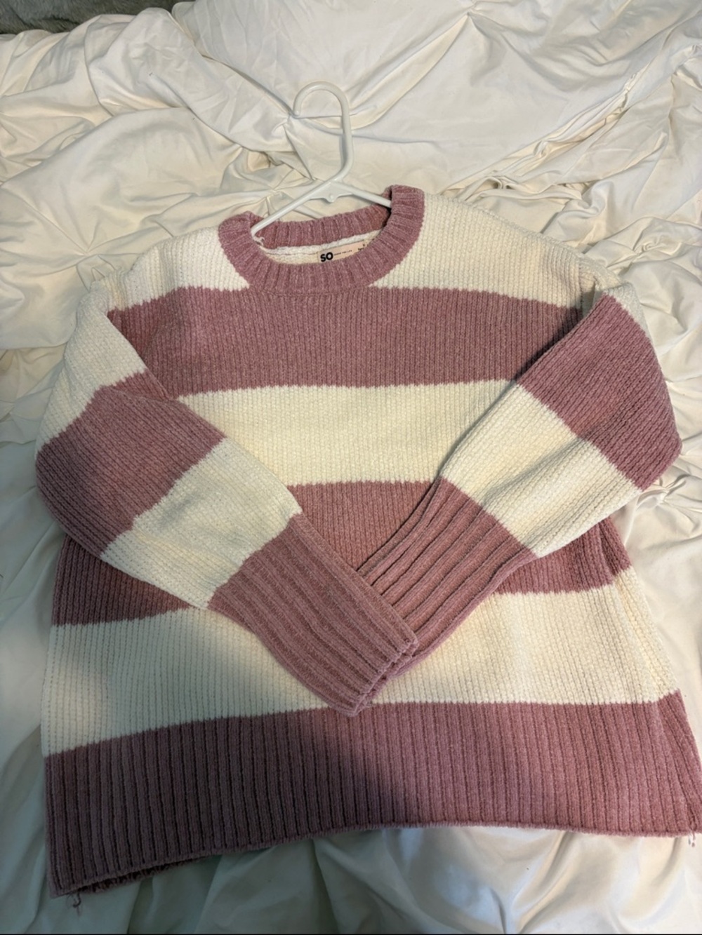 SO Striped Crewneck Sweater in Dusty Rose and Cream